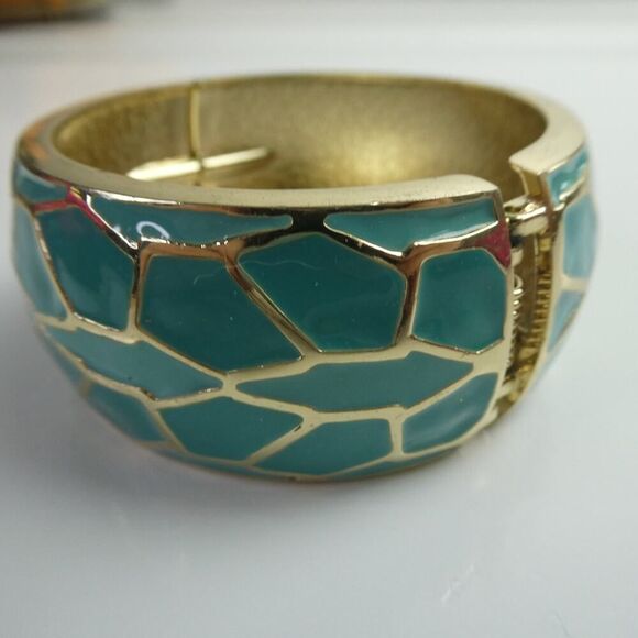 Teal Gold Tone Snakeskin Animal Print Hinged Wide Chunky Bangle Bracelet - Picture 2 of 6